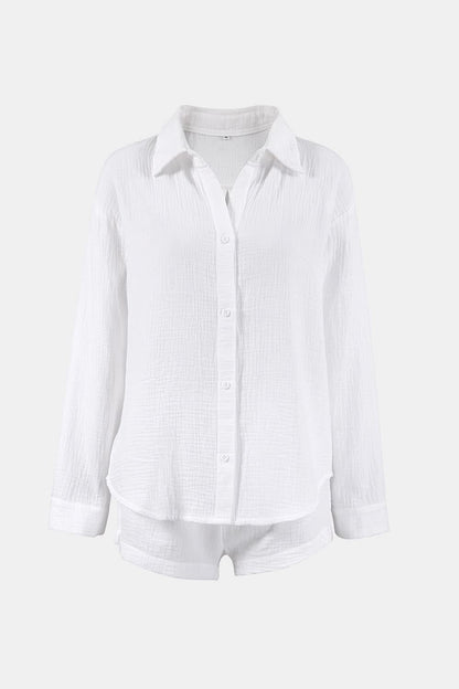 Chic Cotton Breathable Button-Up Long Sleeve Top and Shorts Ensemble