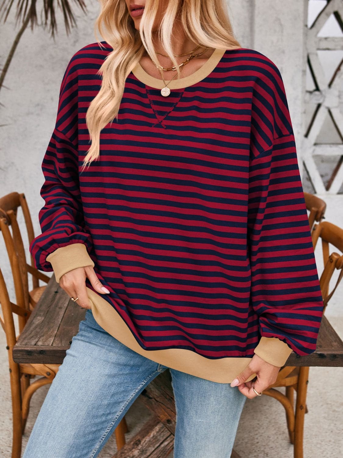 Contrast Striped Long Sleeve Sweatshirt.