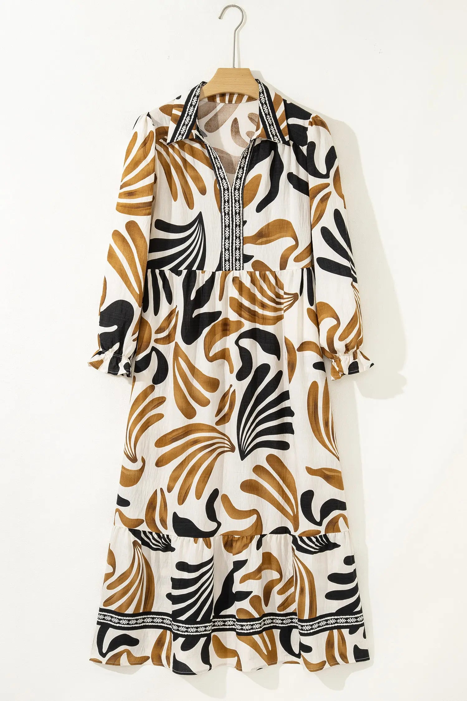 Brown Tropical Print Dress With Contrast Trim Neck Long Sleeve Ruffle Hem Dear-Lover Dropshipping