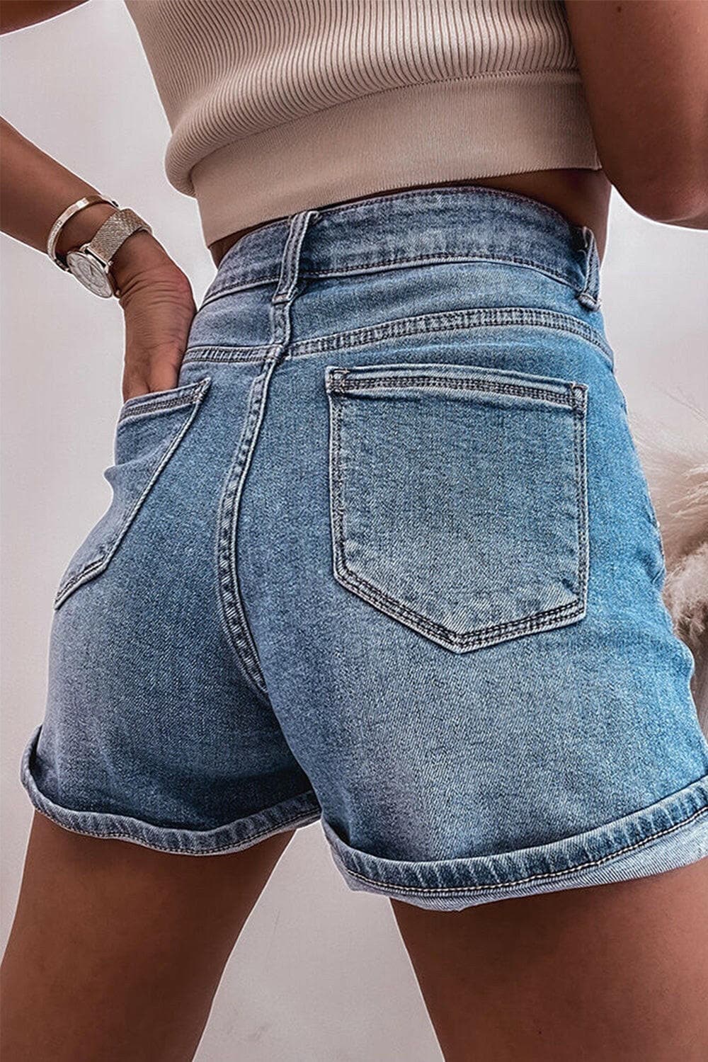 Rhinestone High Waist Denim Shorts.