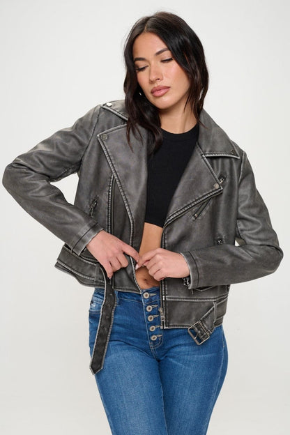 Chic vegan leather biker jacket with belt detail