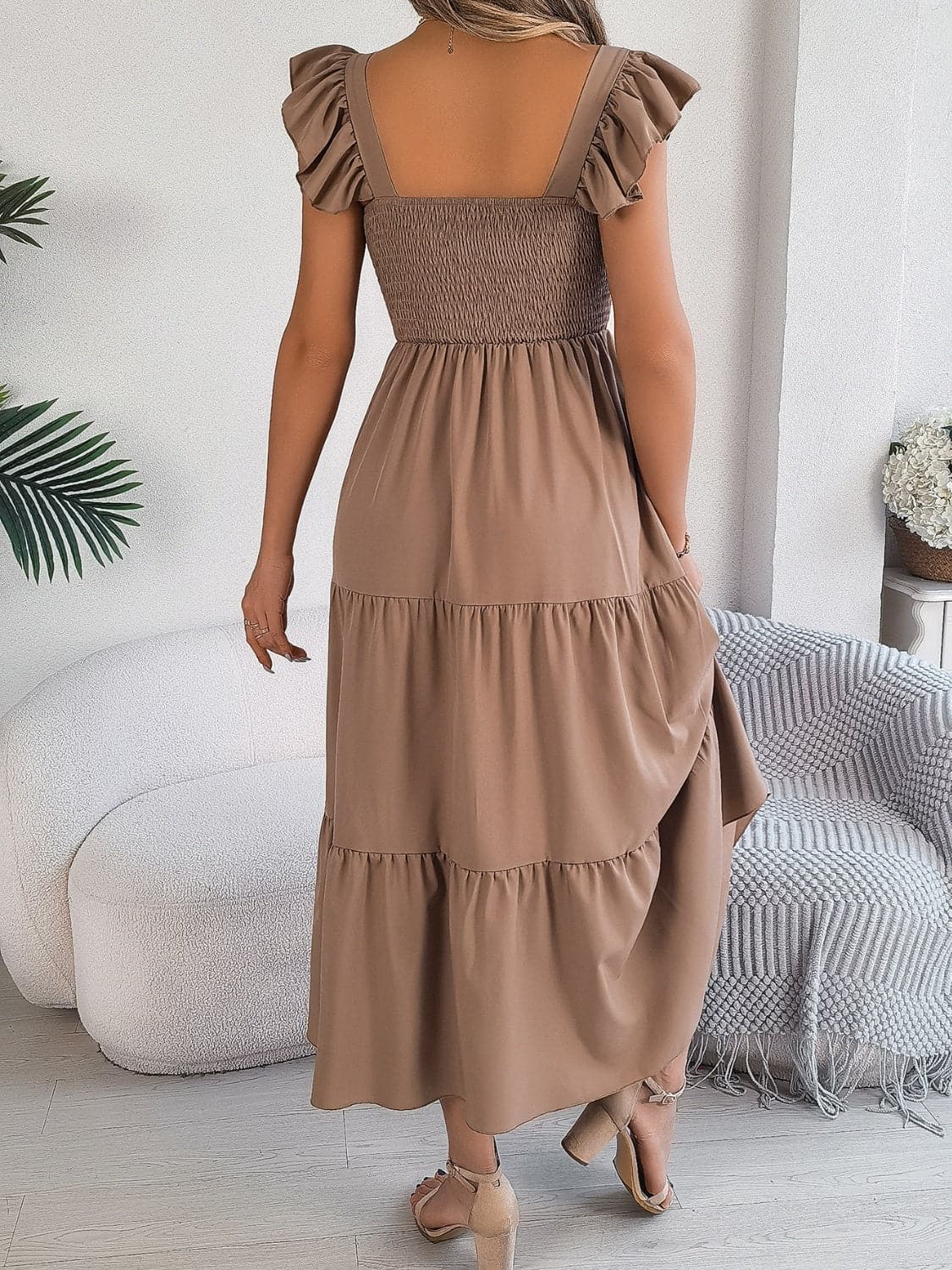 Smocked Square Neck Cap Sleeve Midi Dress.