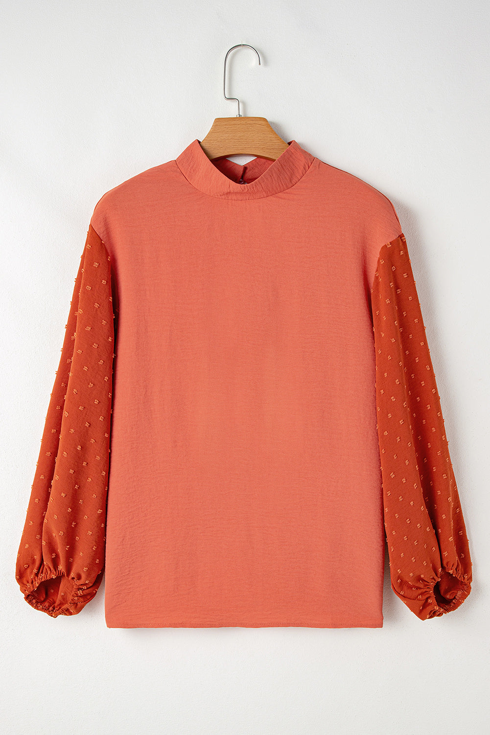 Russet Orange Swiss Dot Balloon Sleeve Loose Blouse with Keyhole Back and Elastic Cuffs