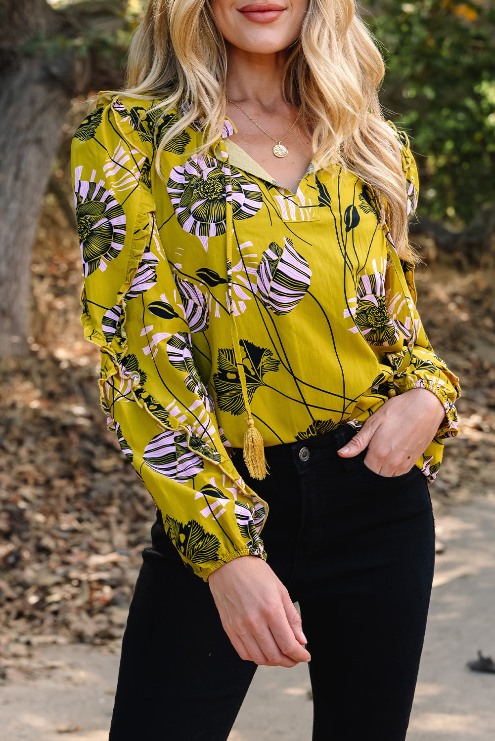 Yellow Vintage Floral V Neck Ruffle Trim Long Sleeve Blouse Dear-Lover Dropshipping
