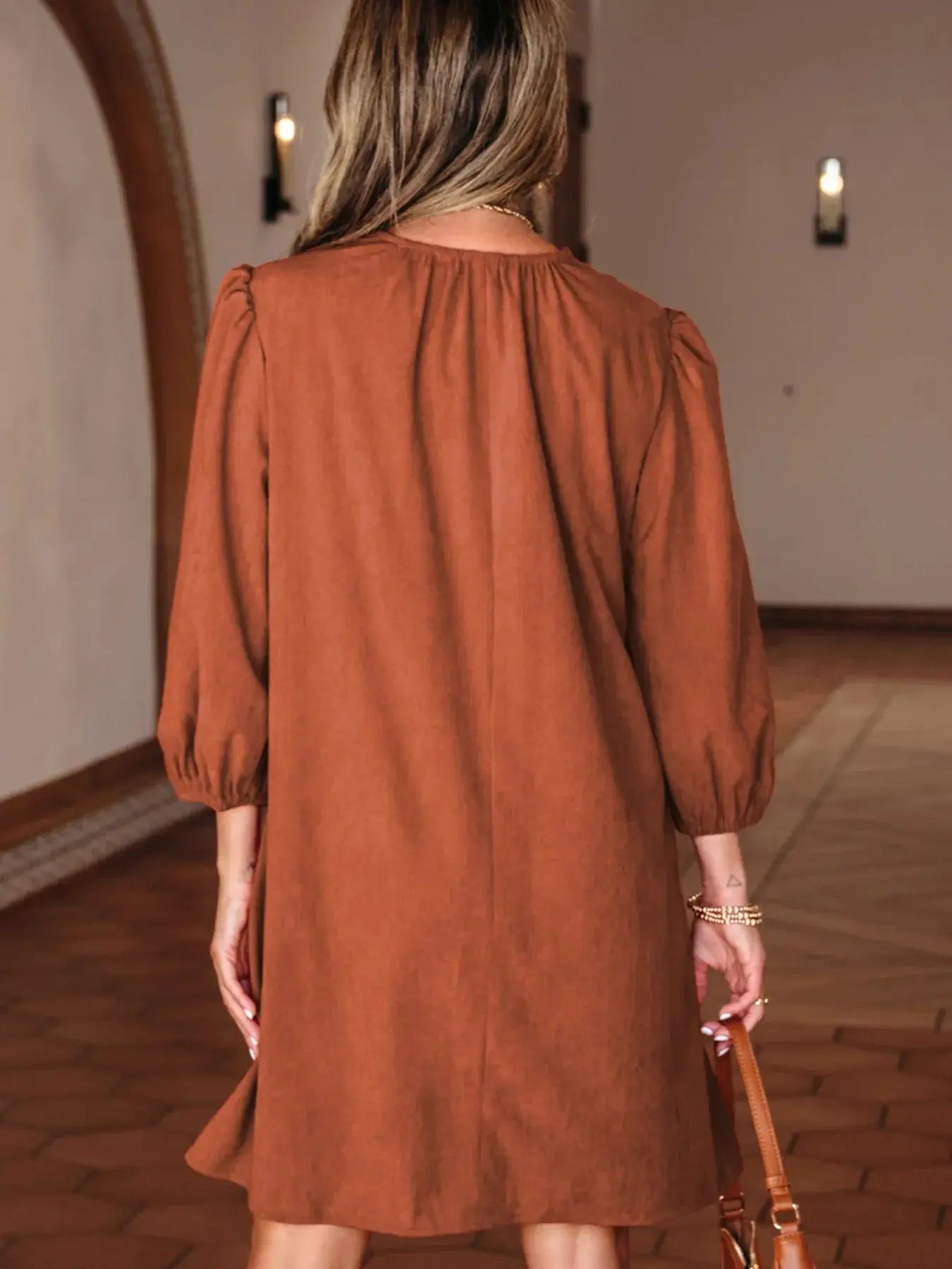 Split Neck Scallop Detail Corduroy Mini Dress Simply Love