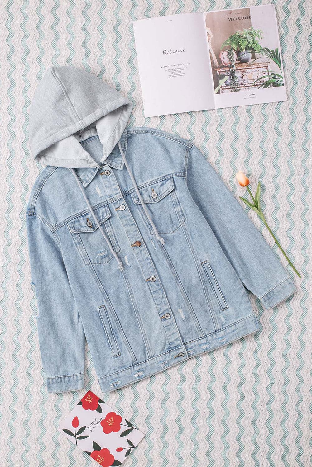 Distressed Hooded Denim Jacket.