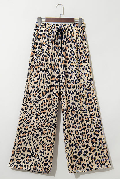 Parchment Leopard Drawstring Flowy Wide Leg Pants for Women