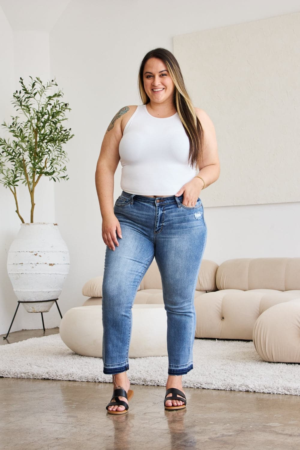 Judy Blue Full Size Release Hem Cropped Bootcut Jeans.