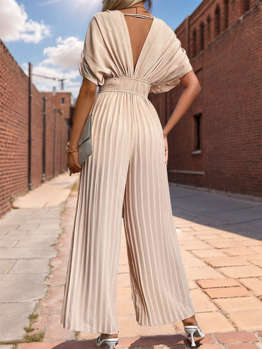 Pleated Short Sleeve Wide Leg Jumpsuit.