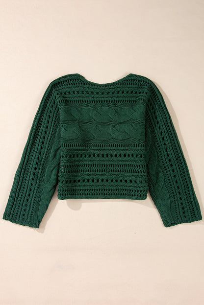 Chic blackish green cropped cable knit sweater with hollow-out design