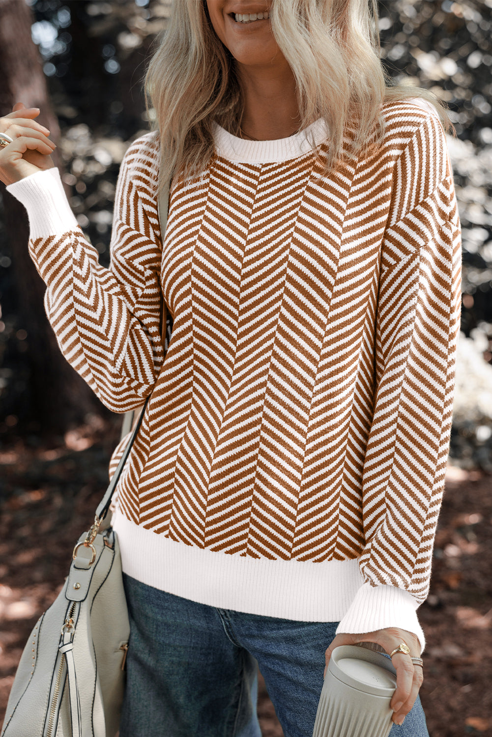 Coffee Contrast Edge Crew Neck Drop Shoulder Sweater Chic