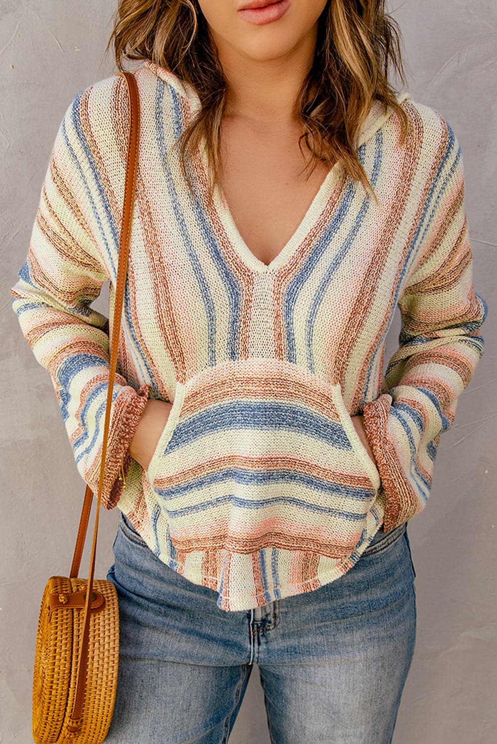 Striped Hooded Sweater with Kangaroo Pocket.