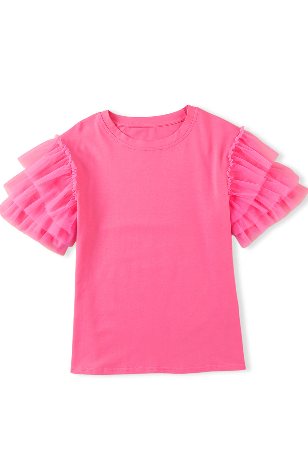 Pink Plain Round Neck Tulle Ruffle Sleeve Blouse Divine Design4U