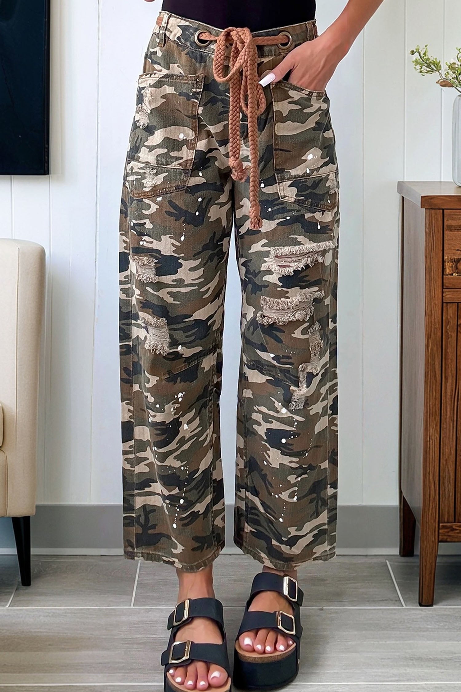 Green Camouflage Print Distressed Loose Denim Pants With Splash Design Dear-Lover Dropshipping