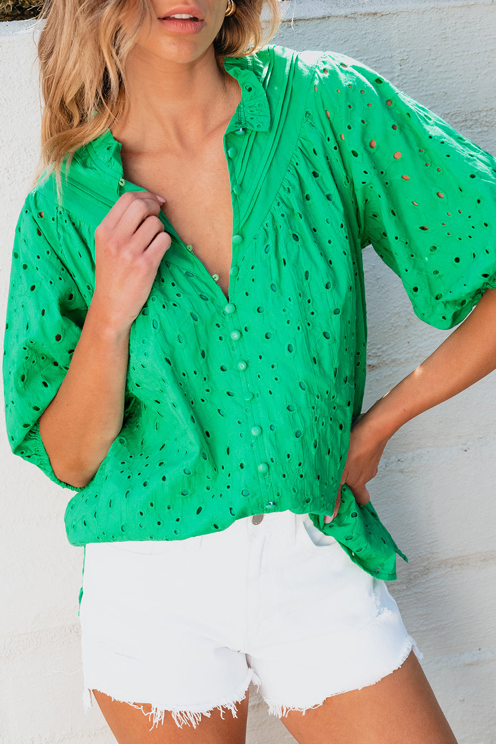 Charming green puff sleeve blouse