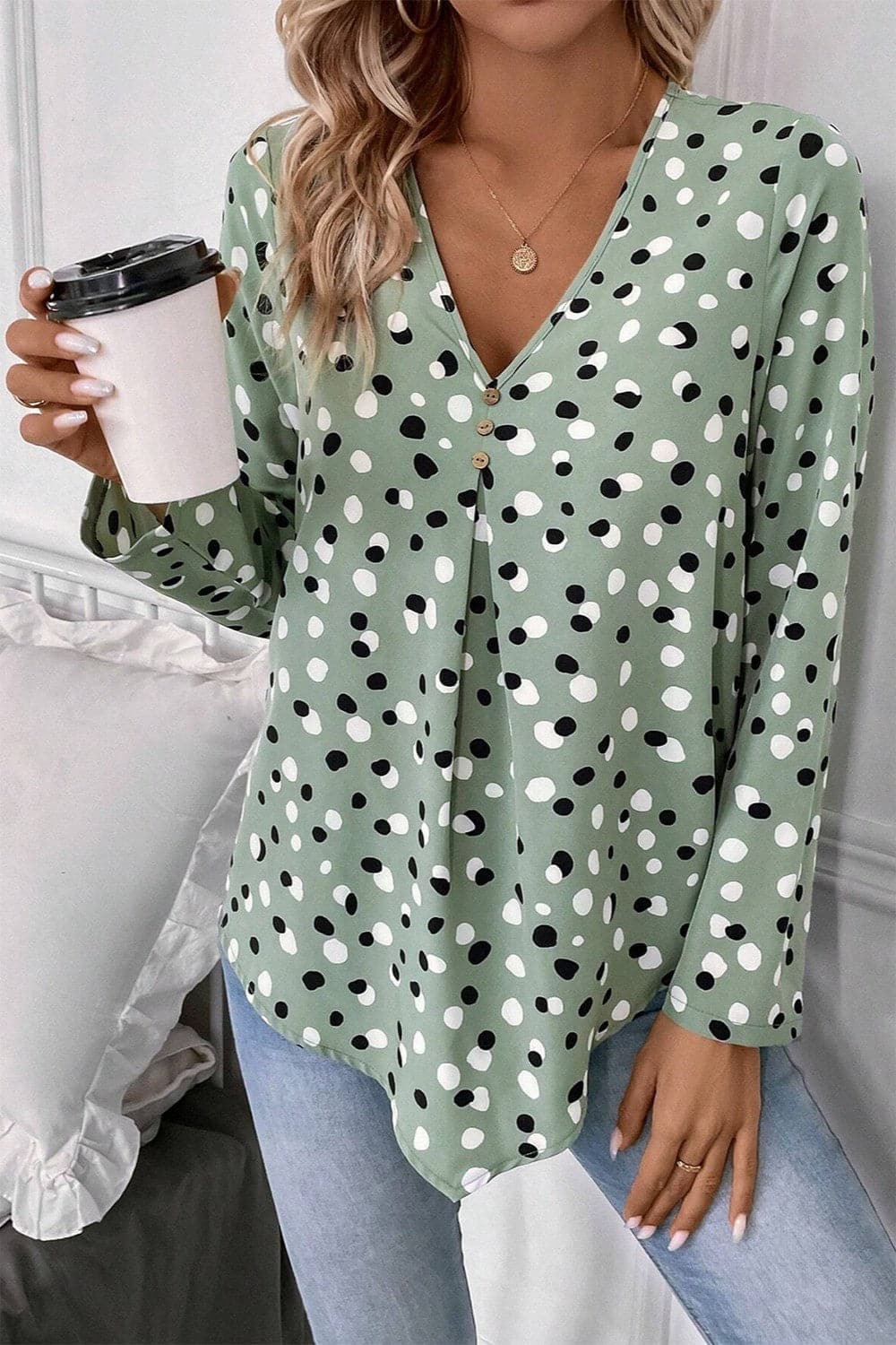 Printed V-Neck Long Sleeve Blouse.