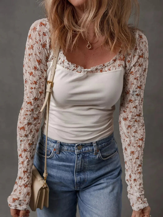 Floral Lace Patchwork Square Neck Long Sleeve Top For Women Simply Love
