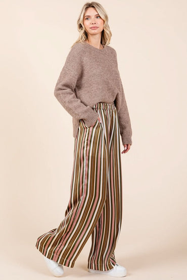 Chic Striped Satin Wide Leg Pants with Elastic Waist and Pockets