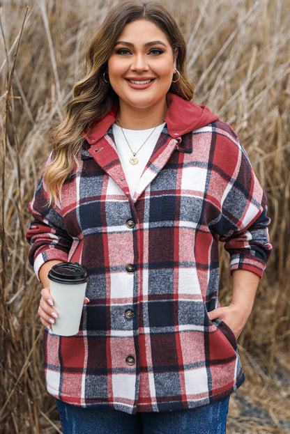 Bold red plaid plus size hooded button-up jacket