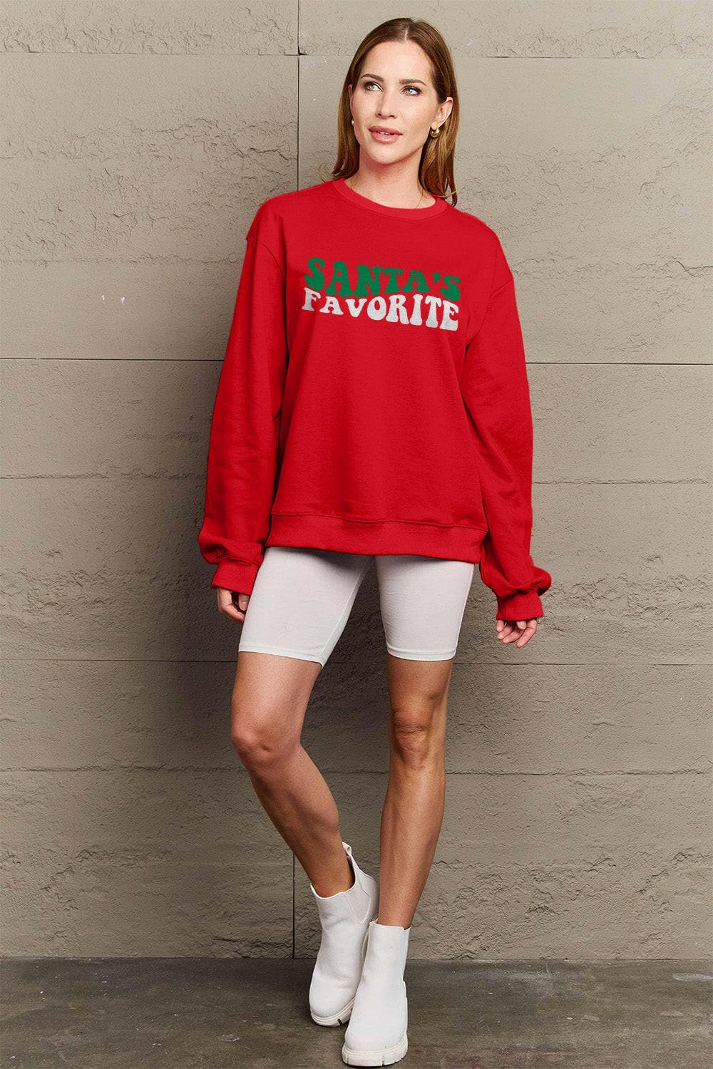 Simply Love Full Size SANTA'S FAVORITE Round Neck Sweatshirt.