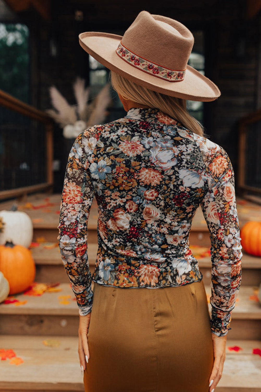 Elegant brown floral mesh blouse with high neck and long sleeves