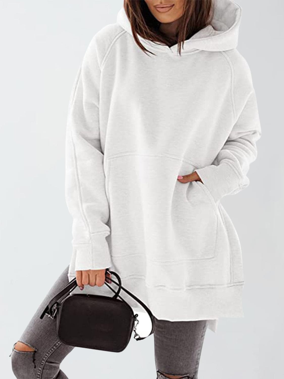 Slit Pocketed Raglan Sleeve Hoodie.