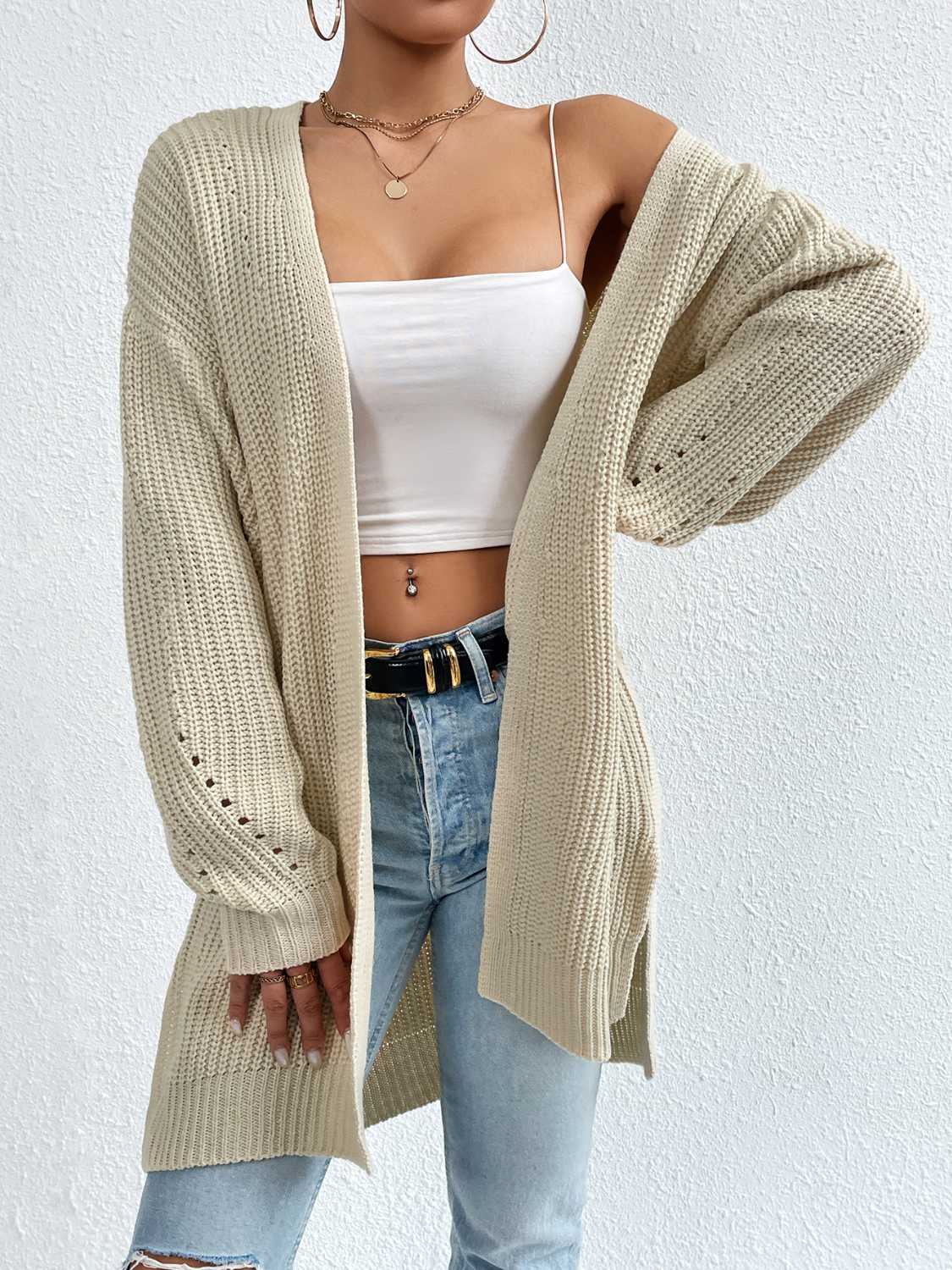 Open Front Dropped Shoulder Slit Cardigan.