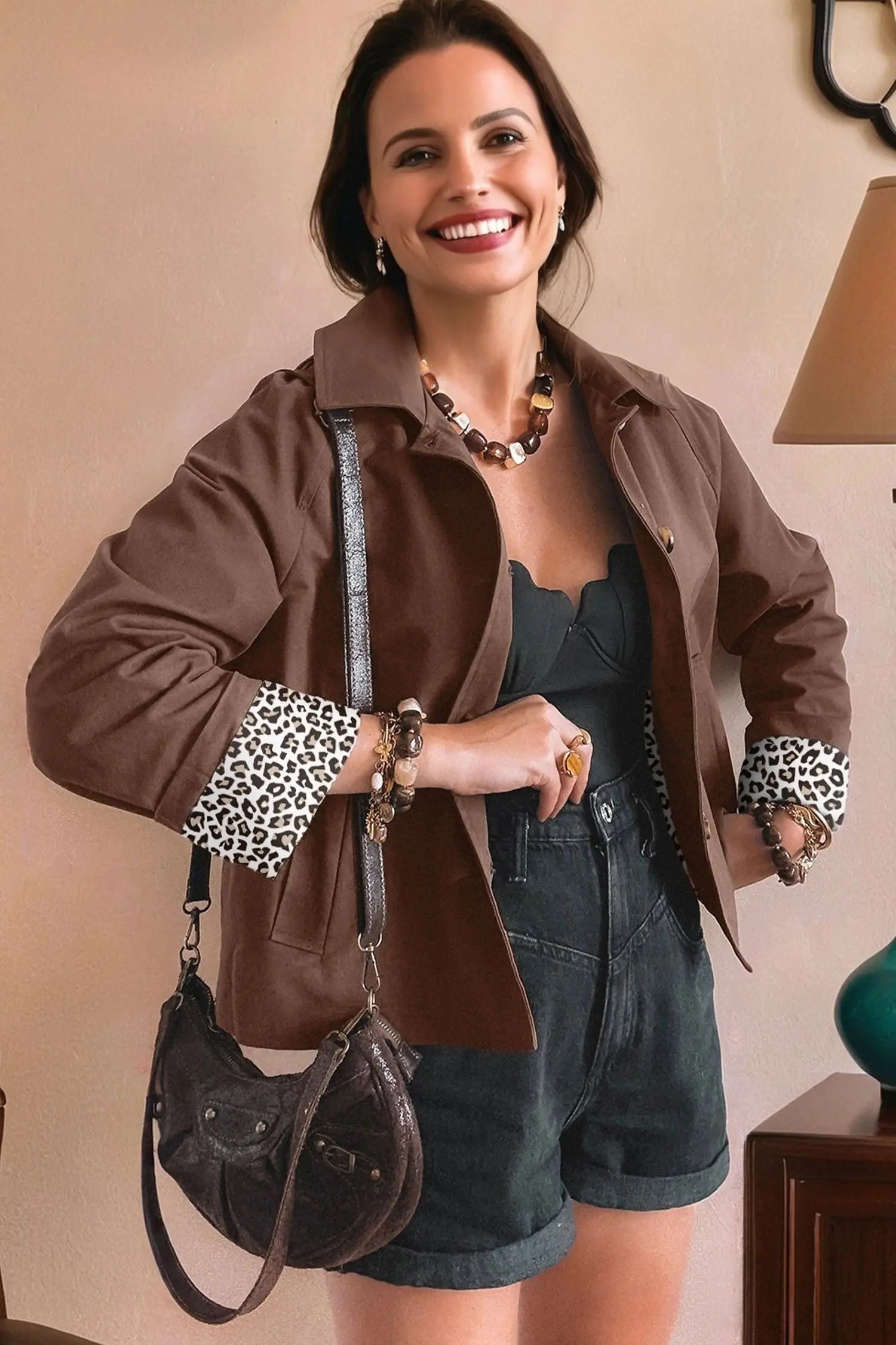 Dark Brown Collared Leopard Patchwork Liner Buttoned Jacket Chic Dear-Lover Dropshipping