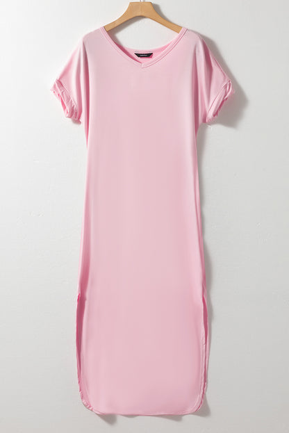 Pink V Neck Hidden Pocket Splits Maxi T-shirt Dress Elegance