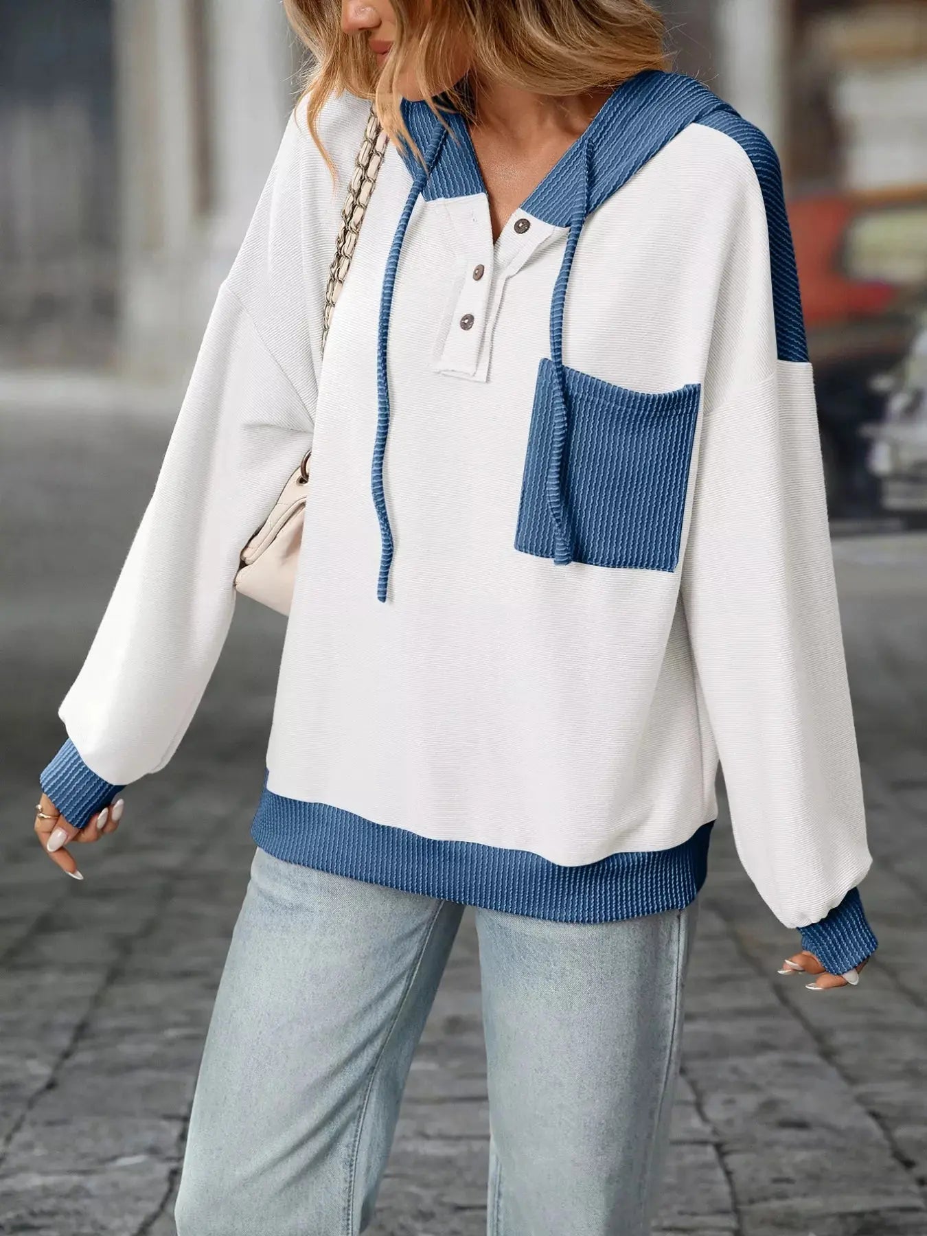 Casual Color Block Button Detail Hoodie Simply Love
