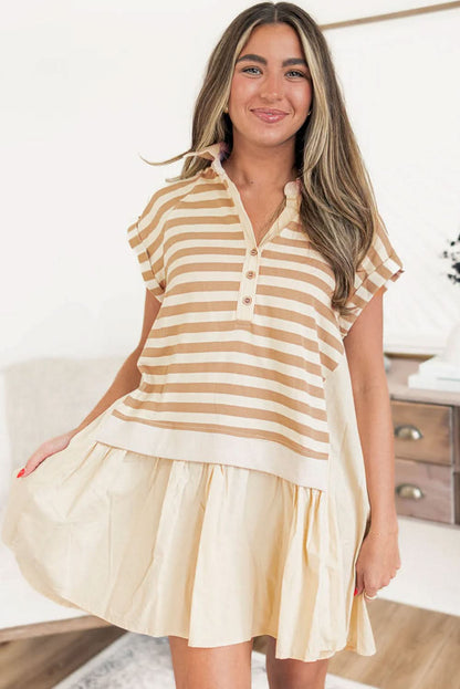 Khaki Striped Collared Cap Sleeve Patchwork Mini Dress with Two-in-One Design