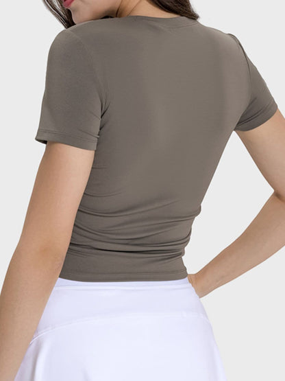 Ruched Round Neck Short Sleeve Active T-Shirt.