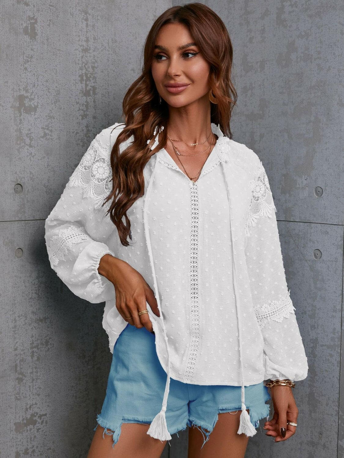 Crochet Tassel Tie Neck Long Sleeve Blouse.