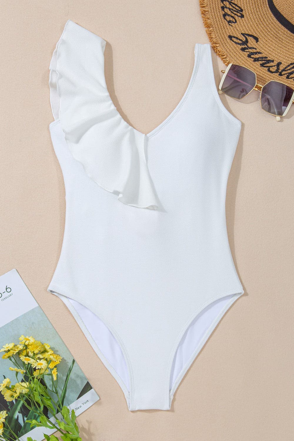 Ruffled V-Neck Wide Strap One-Piece Swimwear.