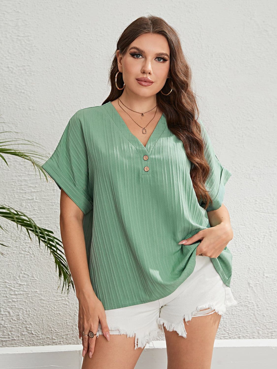 Plus Size Buttoned V-Neck Short Sleeve Top.