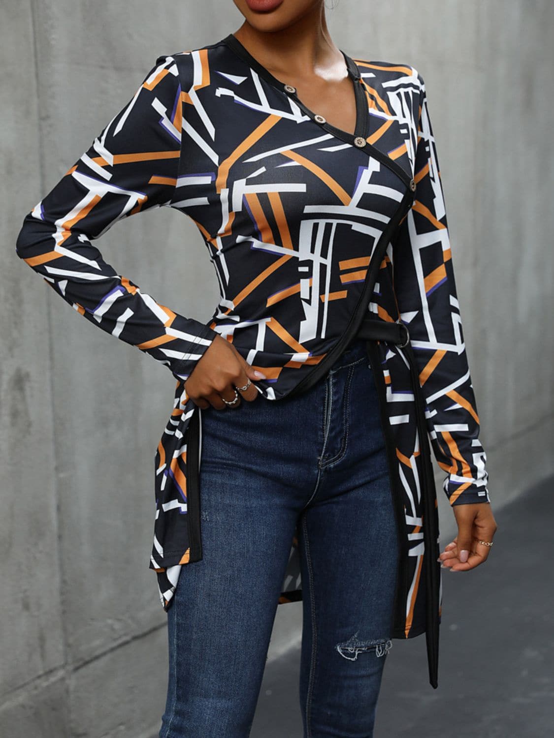 Geometric Surplice Long Sleeve T-Shirt.