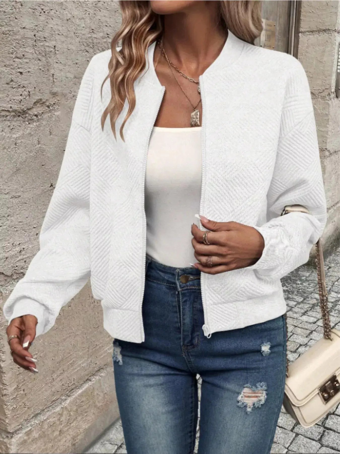 Textured Knit Zip-Up Bomber Jacket Simply Love