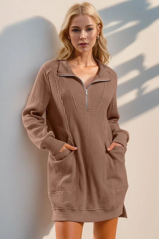 Double Take Waffle Long Sleeve Mini Dress with Pockets - Love Salve