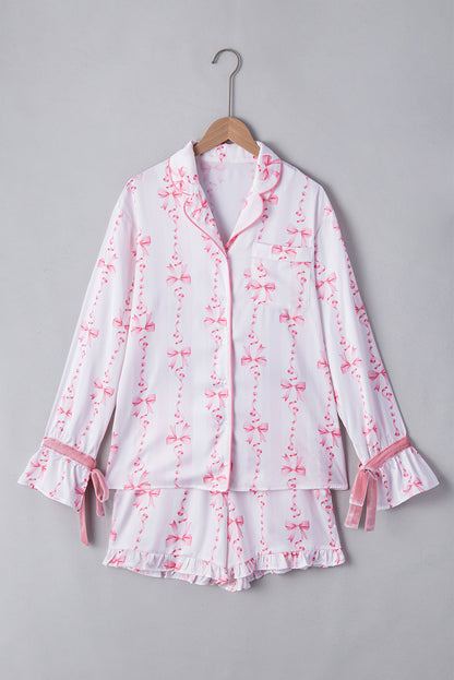 Pink Satin Bow Bell Sleeve Shirt and Ruffled Shorts Pajama Set