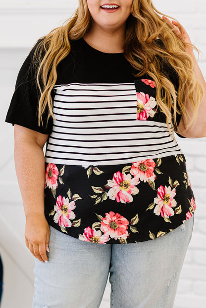 Chic black plus size floral and stripe short sleeve top