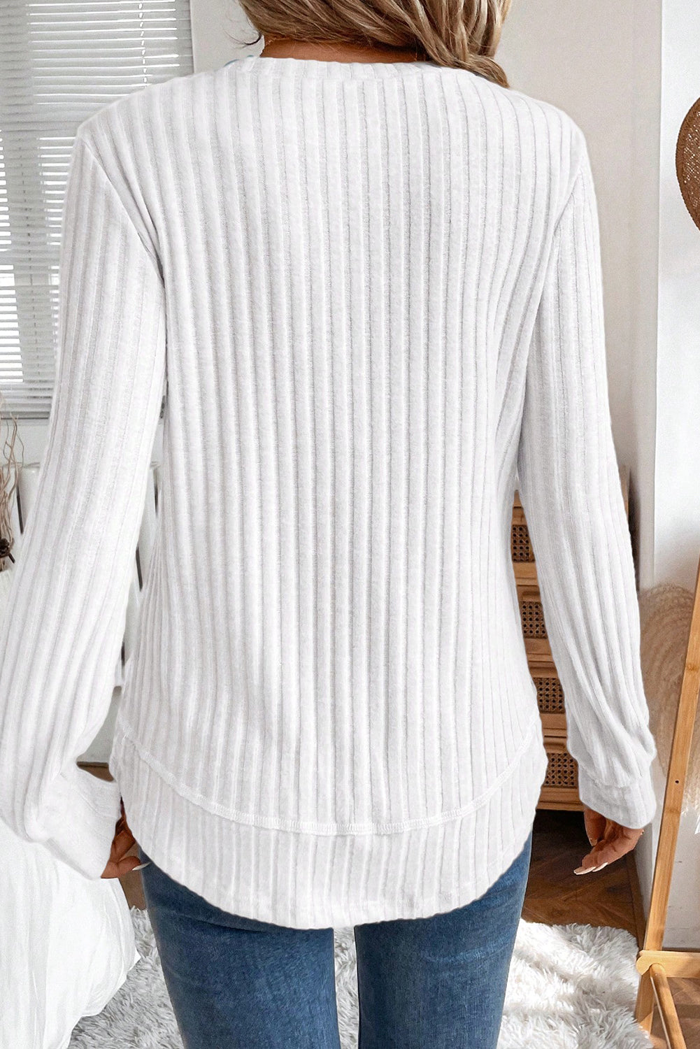 White Ribbed Texture Round Neck Long Sleeve Knit Top For Women Casual Everyday Wear Dear-Lover Dropshipping