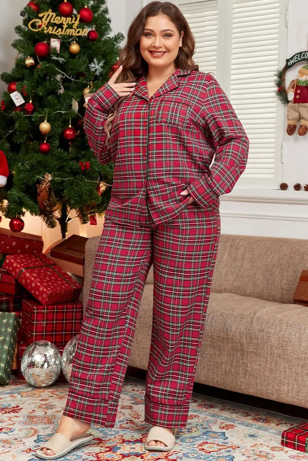 Cozy plus size red plaid lounge set - Love Salve 