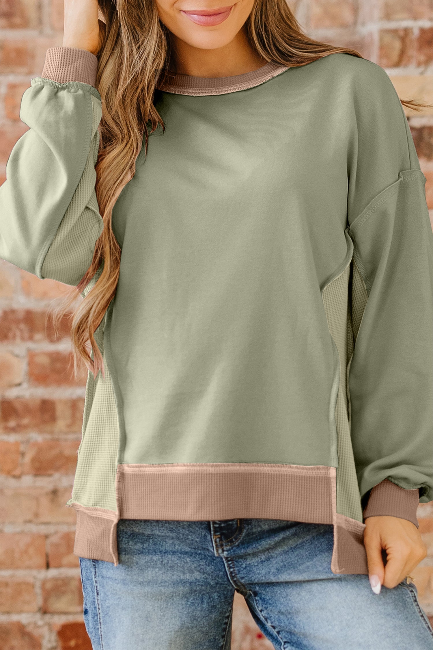 Dear-Lover Green Waffle Sweatshirt Women's Daily Oversized Patchwork Top Casual Fall Dear-Lover Dropshipping