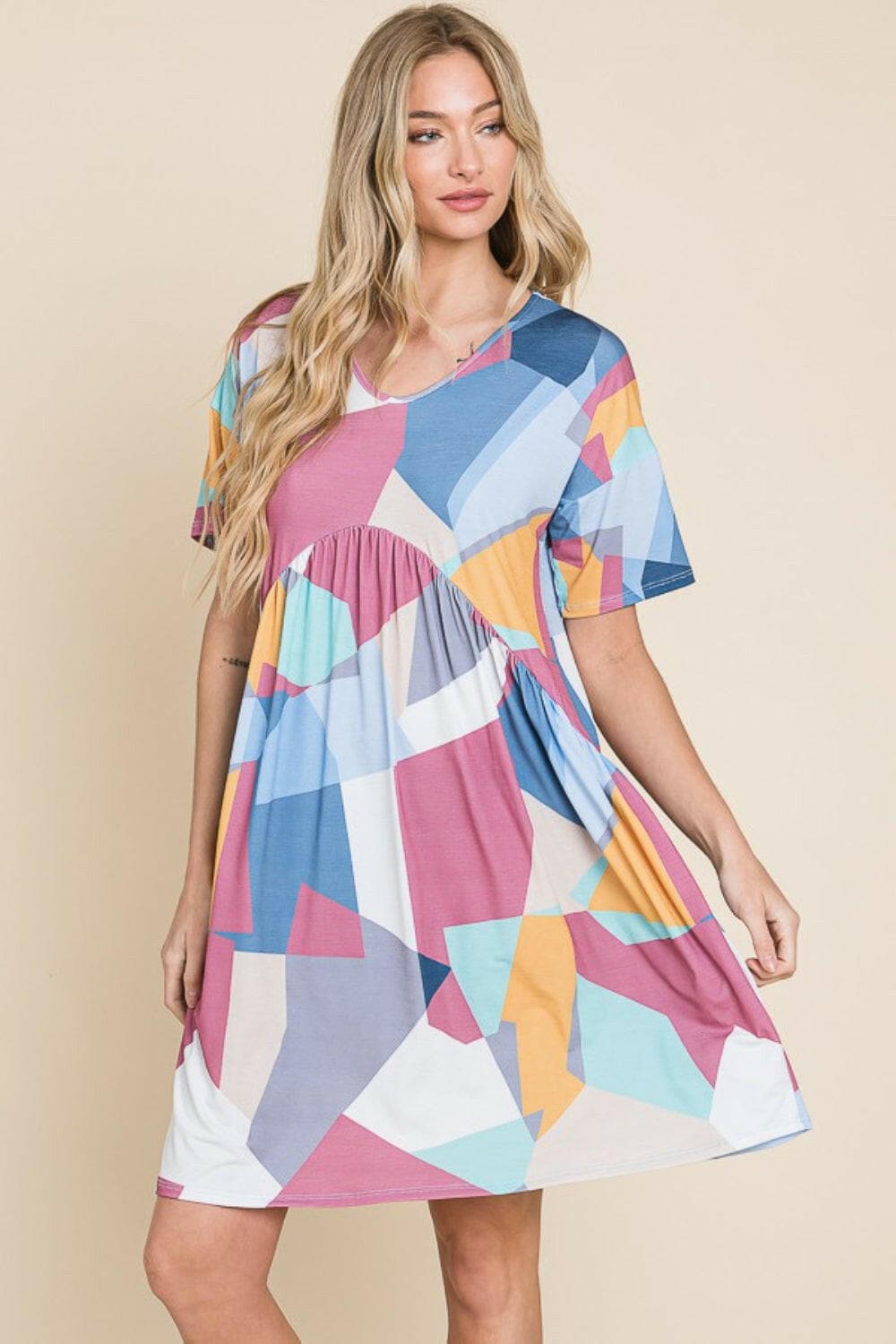 BOMBOM Ruched Color Block Short Sleeve Dress.