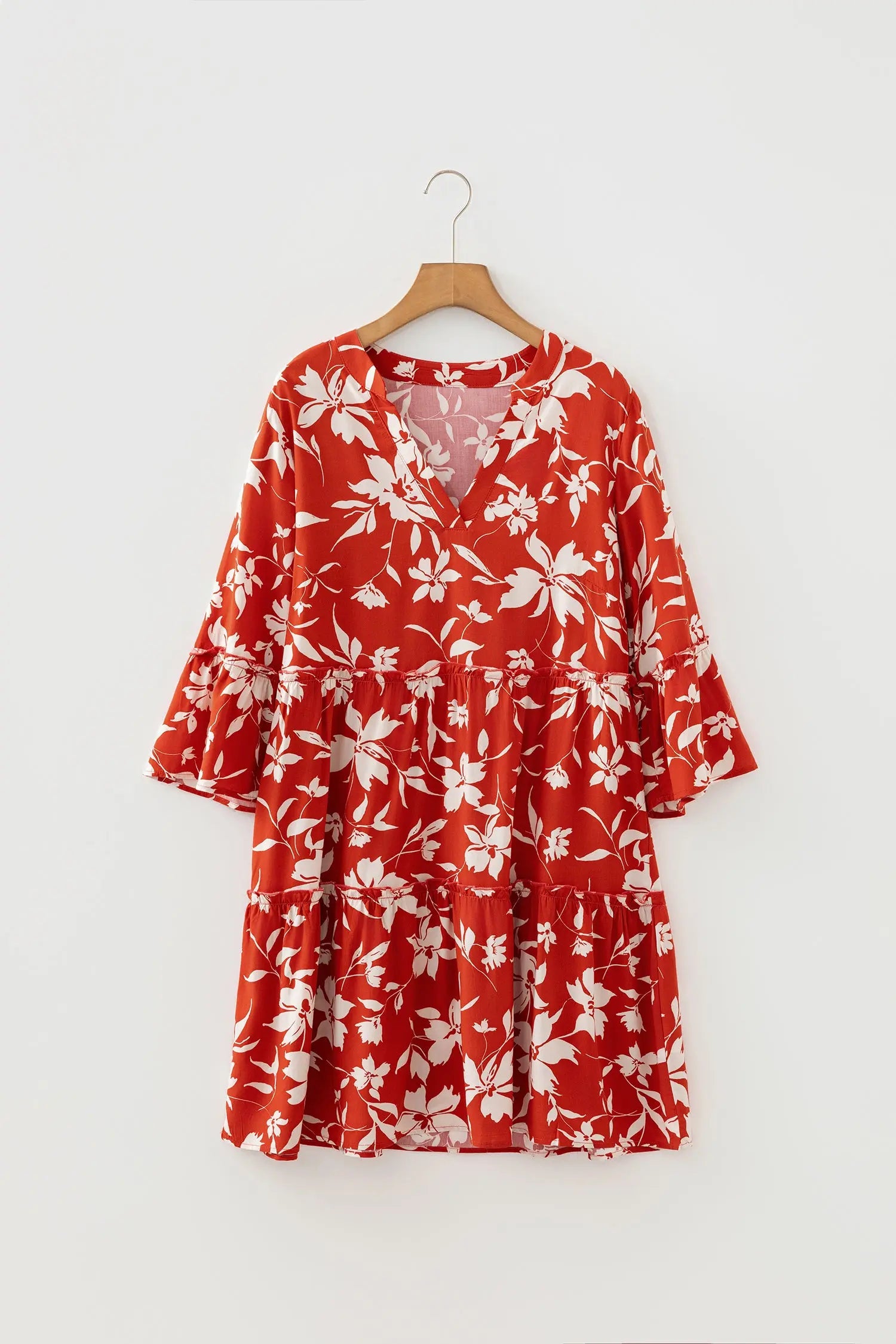 Red Boho Floral Print Lettuce Trim Mini Dress With Three Quarter Sleeves Dear-Lover Dropshipping