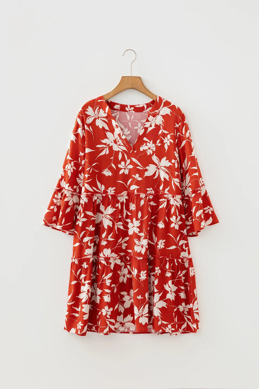 Red Boho Floral Print Lettuce Trim Mini Dress With Three Quarter Sleeves Dear-Lover Dropshipping