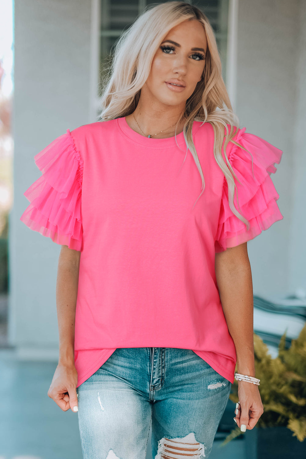 Layered Mesh Sleeve Round Neck Tee Coco’s Tee Boutique