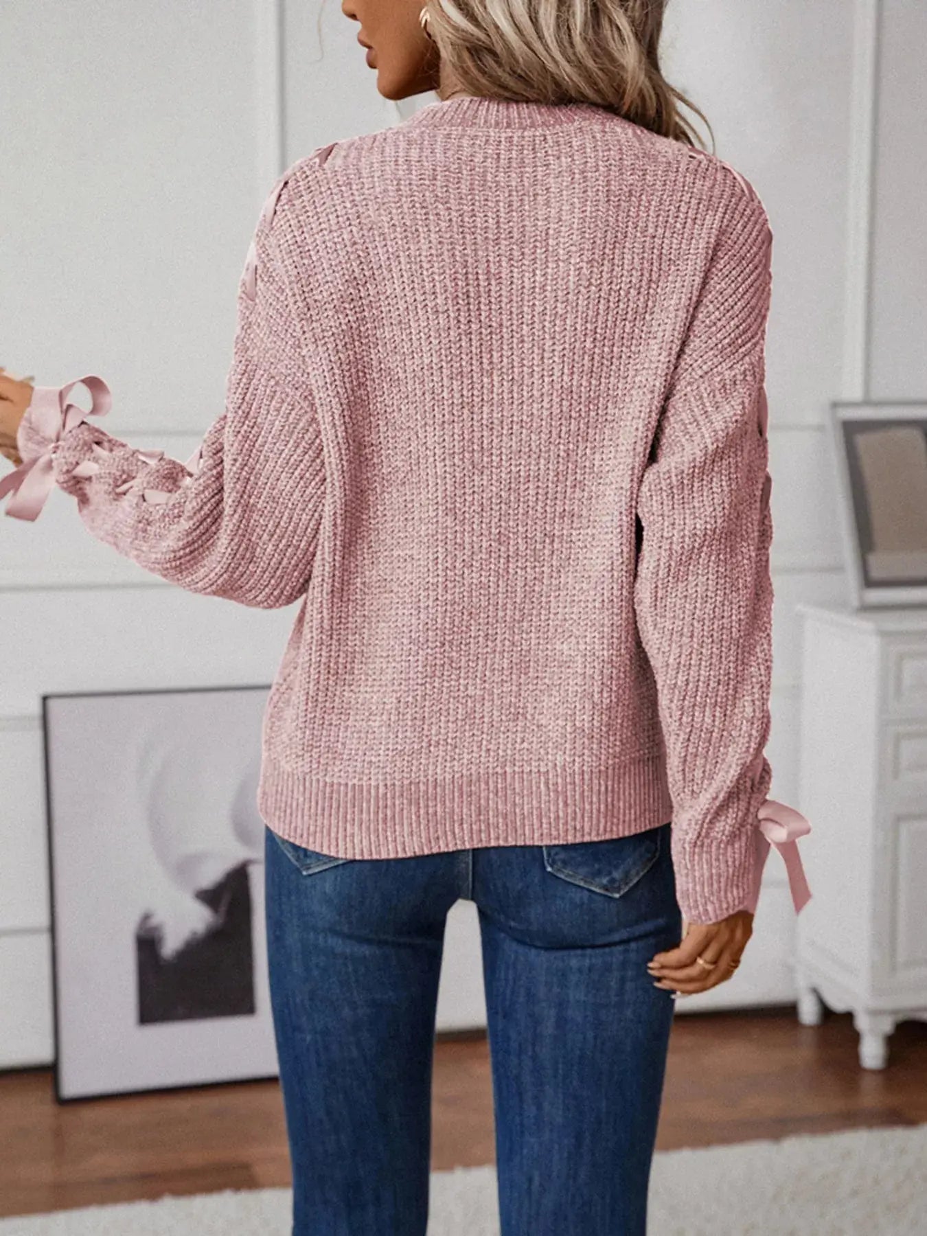 Ribbon-Tie Sleeve Round Neck Sweater Simply Love
