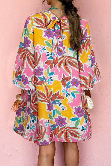 Premium Pink Floral Print Lace Trimmed Tie Back Bell Sleeve Dress