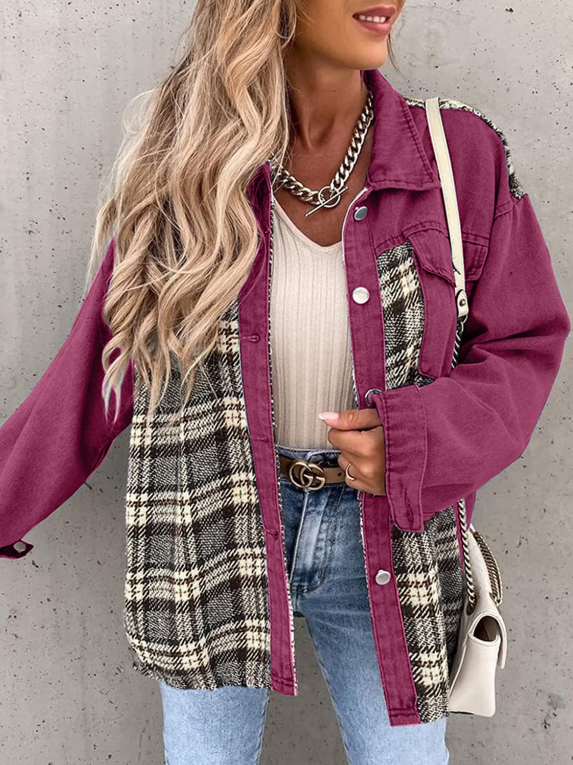 Plaid Button Up Dropped Shoulder Jacket.